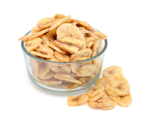 Banana chips on white background