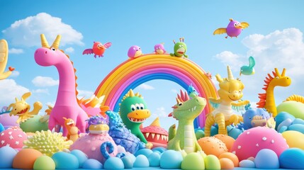 Whimsical 3D render of kids traveling across a vibrant rainbow