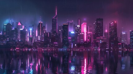 Obraz premium Neon Cityscape with Rain Reflections