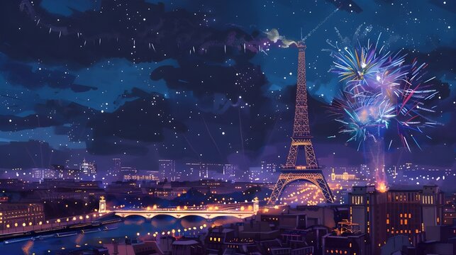 Eiffel tower and fireworks in Paris France, illustration for Olympic games in summer 2024 imagined by AI generative - not the actual event