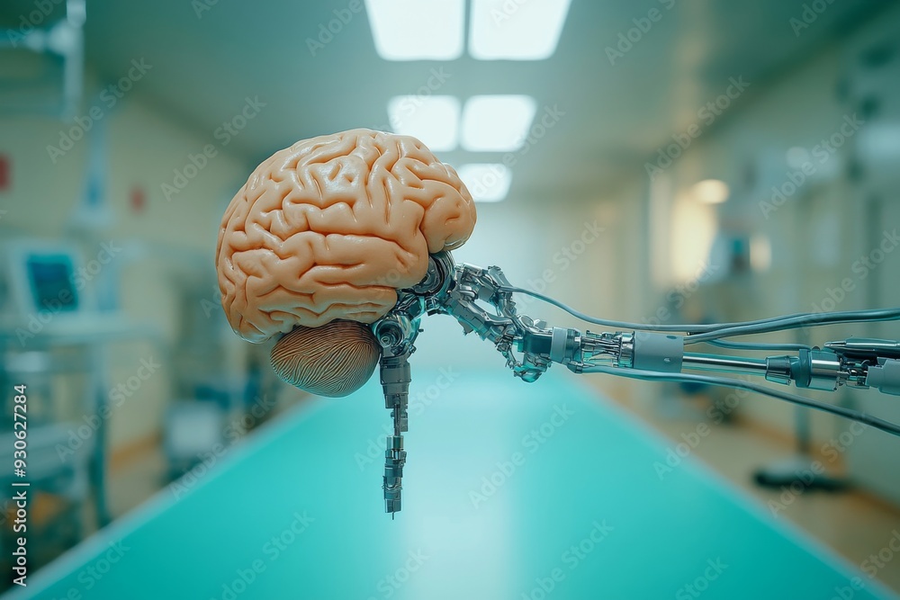 Aufkleber robotic arm interacting with a human brain model in a laboratory symbolizing the hands on experiment