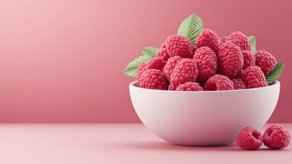 Bowl of ripe raspberries on a pink background with green leaves for a fresh summer feel