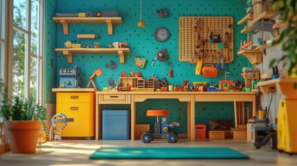 Whimsical 3D render of a magical toy workshop with animated toys