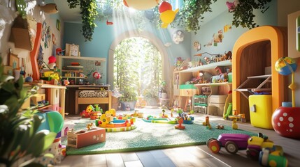 Whimsical 3D render of a magical toy workshop with animated toys