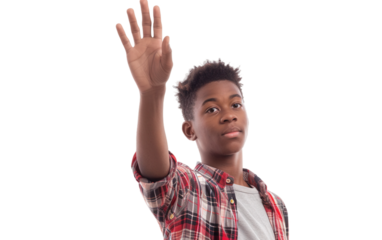 Isolated Student with Raised Hand Ready to Answer Isolated on Transparent Background PNG. Isolated on Transparent Background PNG.