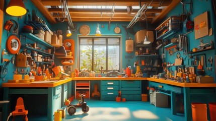 Whimsical 3D render of a magical toy workshop with animated toys