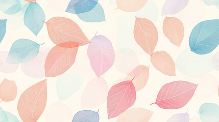 Pastel leaf pattern featuring soft pink, blue, and orange leaves on a cream background. The seamless design is light and airy, ideal for spring themes.