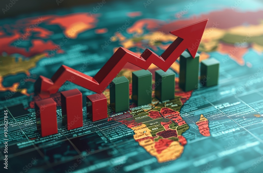 Poster red arrow pointing upwards on green bar graph with world map background symbolizing global economic 