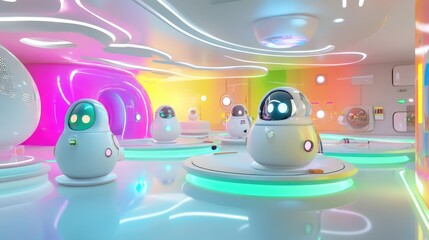 Whimsical 3D render of friendly robots in a futuristic playground