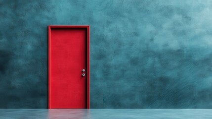 A striking red door set against a bright teal wall, showcasing modern minimalistic design approach. The vivid colors create a strong visual impact within the setting.