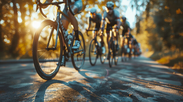 Cycling race. A group of cyclists on bicycles rides along a beautiful road against the backdrop of sunset.