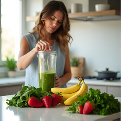 Healthy lifestyle smoothie with woman prepairing a fruit juice