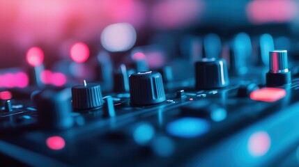 This image captures a close-up of a DJ mixer with vibrant lights illuminating the dials and buttons, creating an energetic and dynamic atmosphere perfect for music events.