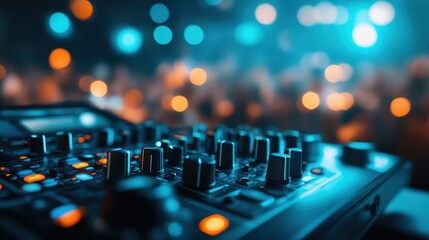 This image showcases a DJ audio mixing console glowing with vibrant lights, set against a blurred event background, capturing the essence of a lively musical ambiance.