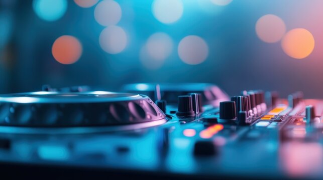 In this image, DJ equipment is beautifully lit with colorful lights in a vibrant scene, capturing the essence of modern electronic music and the energetic atmosphere of a live performance.