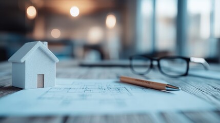 A small house model sits atop construction plans, accompanied by a pair of glasses and a pen, representing the meticulous planning and careful consideration in architectural design processes.