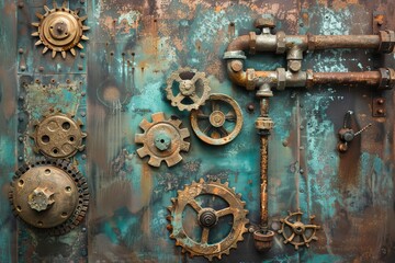 Steampunk-Inspired Wall Backdrop with Textured Metal and Gears.