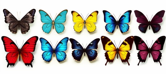 Obraz premium Colorful red, blue, and yellow butterflies isolated on white background for stunning visual impact