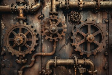 Steampunk-Inspired Wall Backdrop with Metal Surface and Gears.