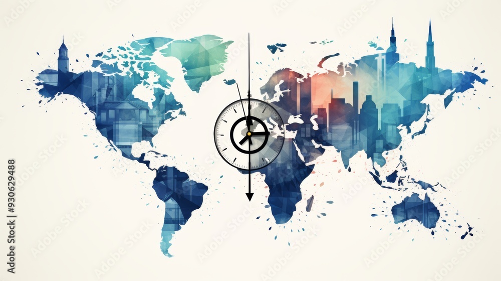 Aufkleber surreal double exposure world map intricately merges with clock hands in serene and gentle tones