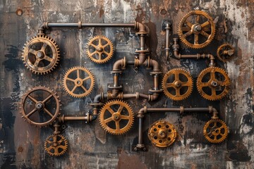 Obraz premium Steampunk-Inspired Wall Backdrop Featuring Textured Metal and Gears.