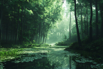 A serene forest landscape with a calm pond and lush greenery, evoking tranquility.