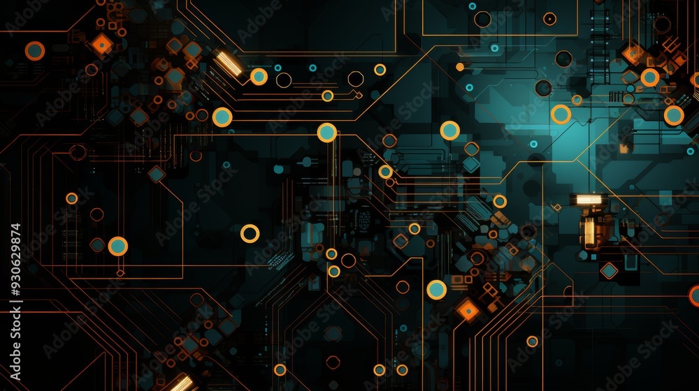 Poster abstract hexagonal circuit board with sphere in turquoise and beige for hi tech digital concept
