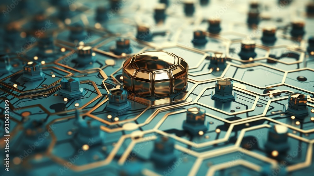 Poster digital circuit board with hexagons and sphere in turquoise and beige tones hi tech concept