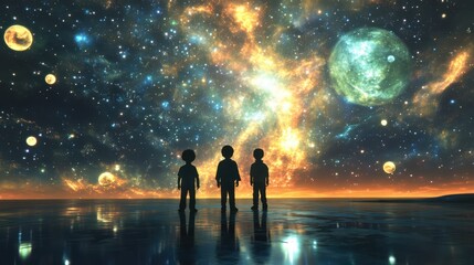 Whimsical 3D render of kids exploring a starry night sky with playful constellations