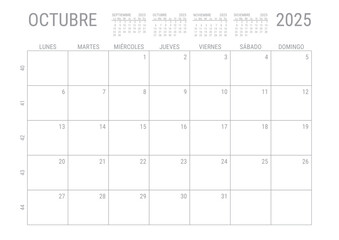 Octubre Calendario 2025 Mensual para imprimir con numero de semanas A4	