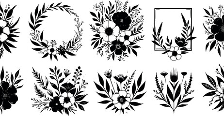 Fototapeta premium Set of caligraphic floral frame and trendy botanical elements. Wedding elegant wildflowers for invitation save the date card. Botanical feminine rustic trendy vector