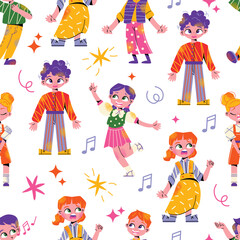 Kids singers in choir seamless pattern. Cute children sing song together. Diverse vocal talented students group. Child church chorus with music performance. Flat isolated 