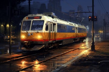 Naklejka premium Vibrant city life at an urban transit hub with a bustling metro station scene for city commuters