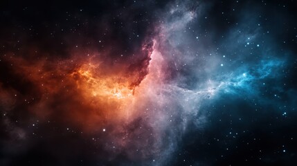 Obraz premium A view of a colorful cosmic nebula featuring a blend of reds, oranges, blues, and purples, set against a starfield backdrop, capturing the awe-inspiring grandeur of space.