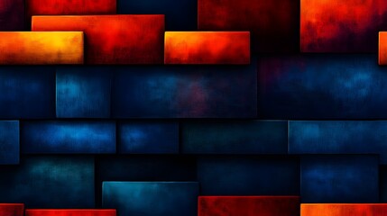 Fototapeta premium A colorful brick wall with blue, red, and yellow blocks. The wall is made of wood and has a rough texture. The colors of the blocks are vibrant and create a dynamic and eye-catching design