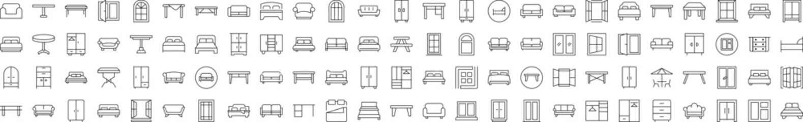 Bundle of Furniture Related Line Icons. Editable Stroke for Design, Web Sites, Apps, Cards. Contains Linear Images of Dresser, Couch, Sofa, Table, Window