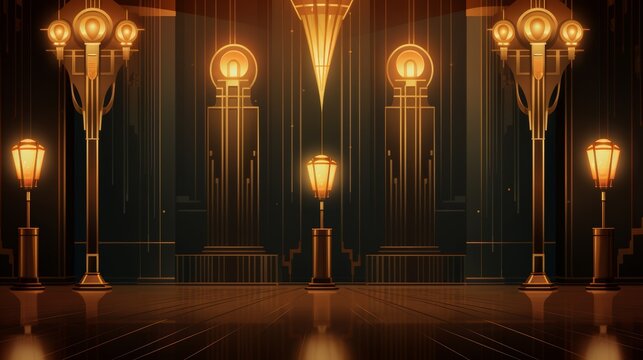 Luxurious art deco background with golden wall lamps   elegant abstract vector illustration