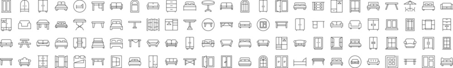 Furniture, Dresser, Couch, Sofa, Table, Window Thin Line Icon Set. Editable Stroke. Suitable for Banners, Cards, Social Networks, Apps