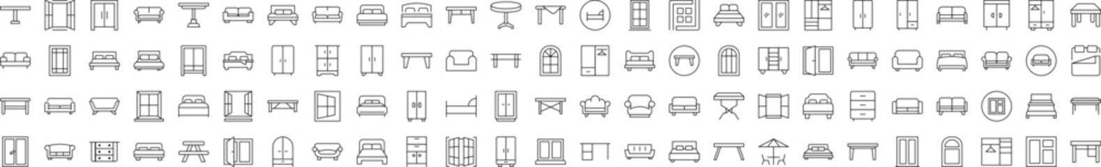 Furniture Line Icon Bundle. Modern Collection for Design, Web Sites, Apps, Cards. Contains Linear Images of Dresser, Couch, Sofa, Table, Window