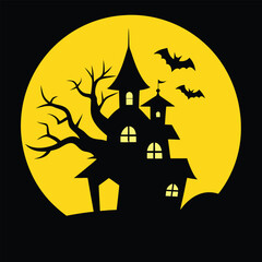 Spooky Halloween vector with haunted house, full moon, and bats in bold, chilling silhouettes.