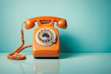 Vintage orange rotary phone with coiled cord on turquoise surface