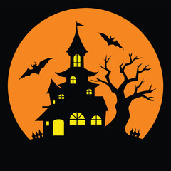Spooky Halloween vector with haunted house, full moon, and bats in bold, chilling silhouettes.