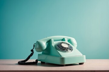 Mint green rotary phone on table with turquoise background
