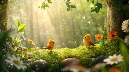 Whimsical 3D render of a magical forest with friendly animal characters