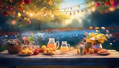 Garden Party - summer garden party scene with string lights hanging above a picnic table with drinks and food. Graphic art illustration
