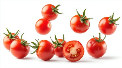 Tomatoes flying in mid-air on a white background 