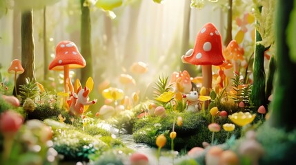 Whimsical 3D render of a magical forest with friendly animal characters