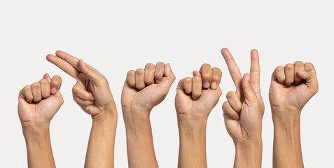Deaf alphabet letter thanks by hand. The letter 'Thanks' in sign language, isolated on a white background. Hand movements. hearing disorders. language that uses the visual manual modality. © Luqman Aditiamala