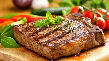 Juicy ribeye steak garnished with vibrant herbs and accompanied by fresh tomatoes, served elegantly to highlight its rich textures and flavors