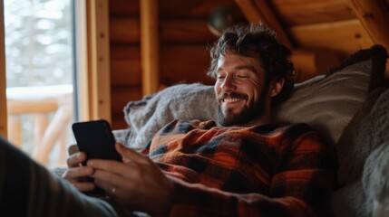 A man relaxes in a cozy cabin, enjoying his smartphone while surrounded by a warm and inviting atmosphere.
